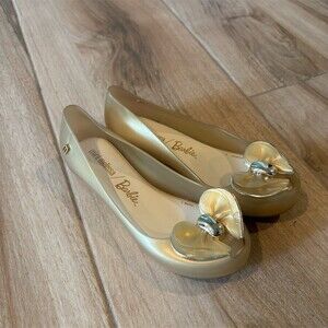 Mini Melissa x Barbie Ultragirl Ballet Flats Girls Gold Bow Slip-On US 1